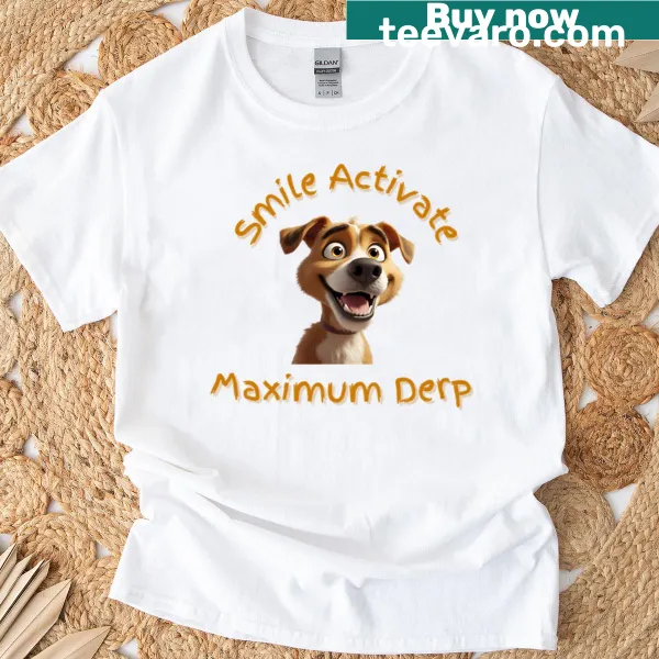 Cartoon-style t-shirt featuring a silly smiling dog