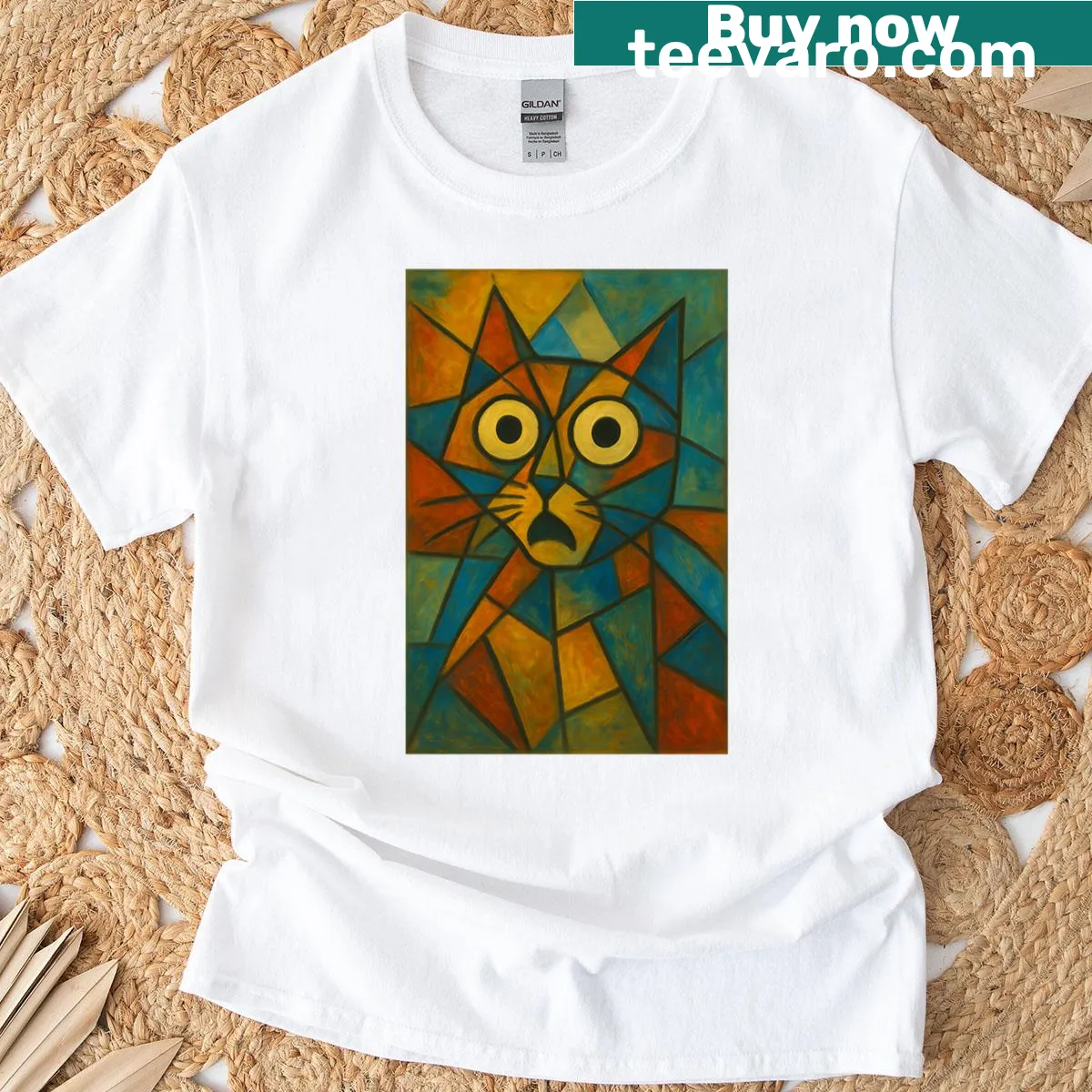 Funny meme-style cat face graphic on a t-shirt for cat lovers — on a men's t-shirt