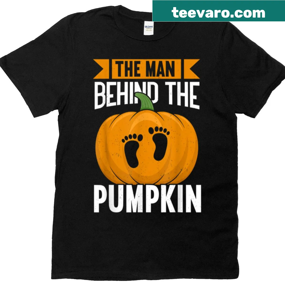 Funny Halloween t-shirt for men with the phrase 'The Man Behind The Pumpkin' — on a men's t-shirt