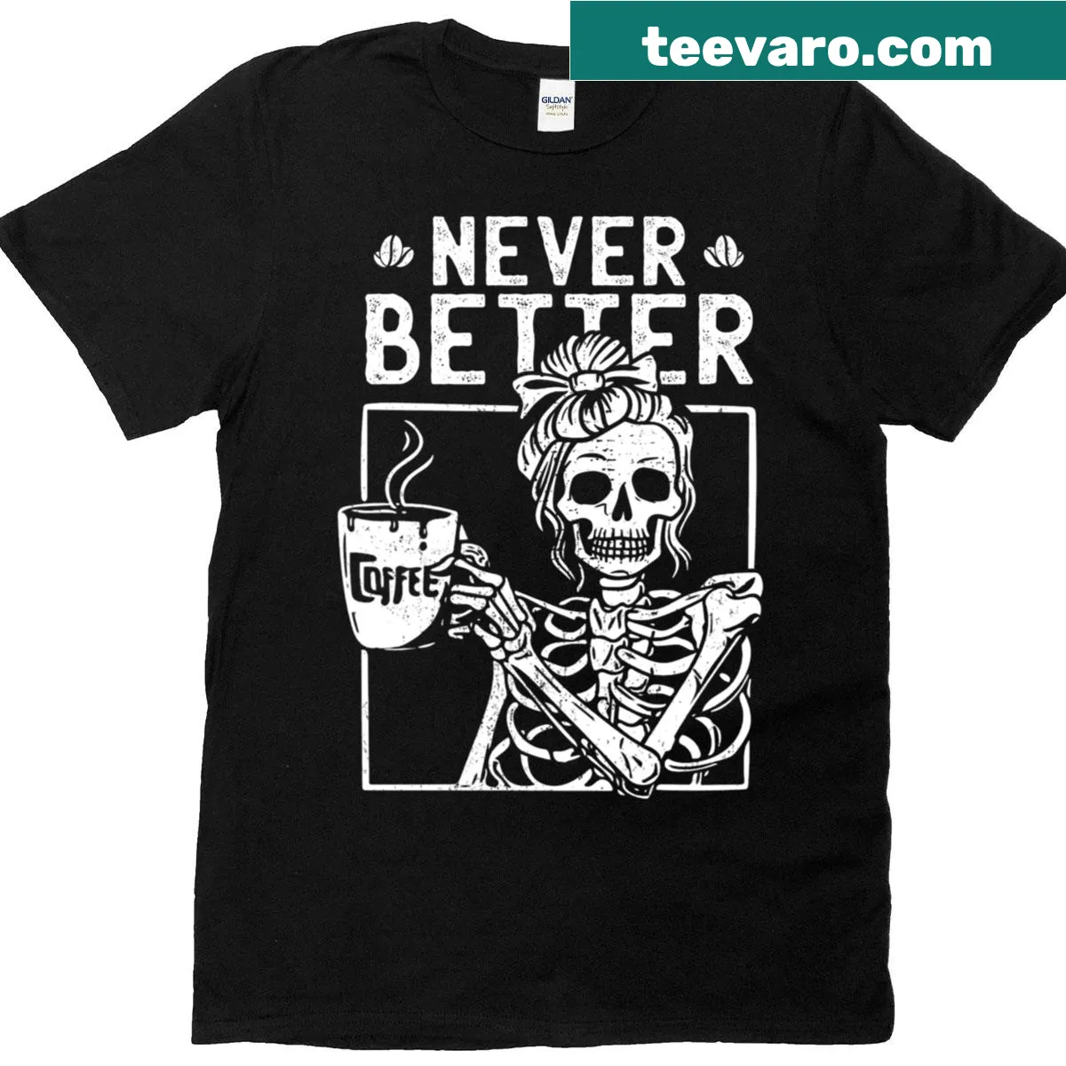 Skeleton with a messy bun holding coffee, Halloween-themed t-shirt — on a men's t-shirt