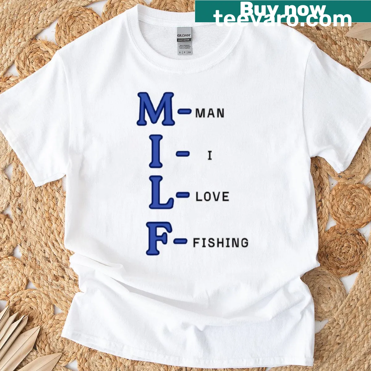 Funny cartoon design of 'Milf Man I Love Fishing' on an oversized T-shirt — on a men's t-shirt