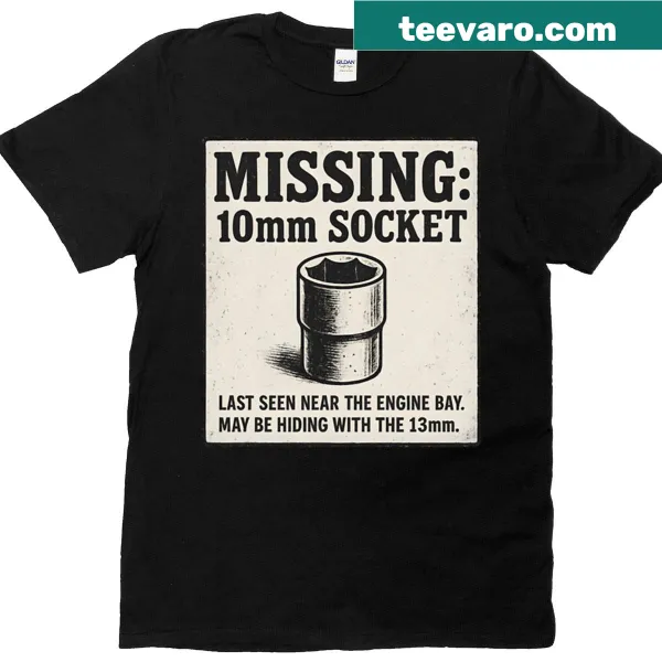 Wanted poster style T-shirt featuring a missing 10mm socket design
