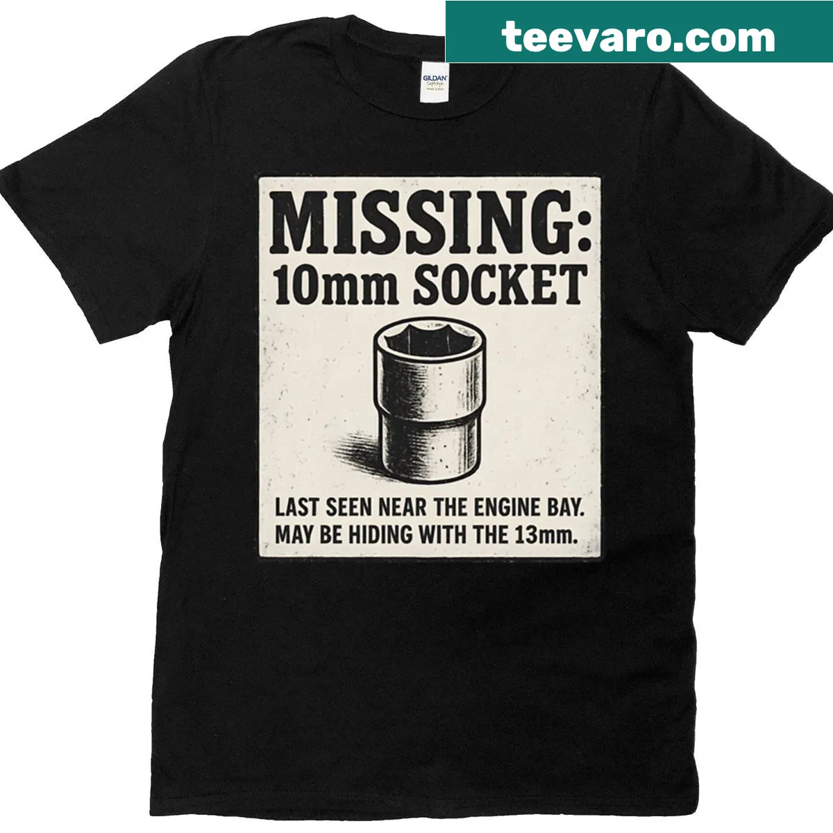 Wanted poster style T-shirt featuring a missing 10mm socket design — on a men's t-shirt