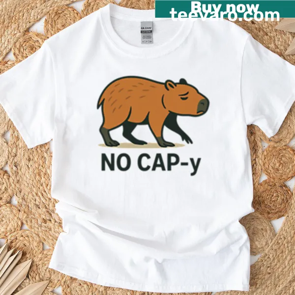 T-shirt featuring a playful illustration of a capybara and the phrase 'No Cap-y'