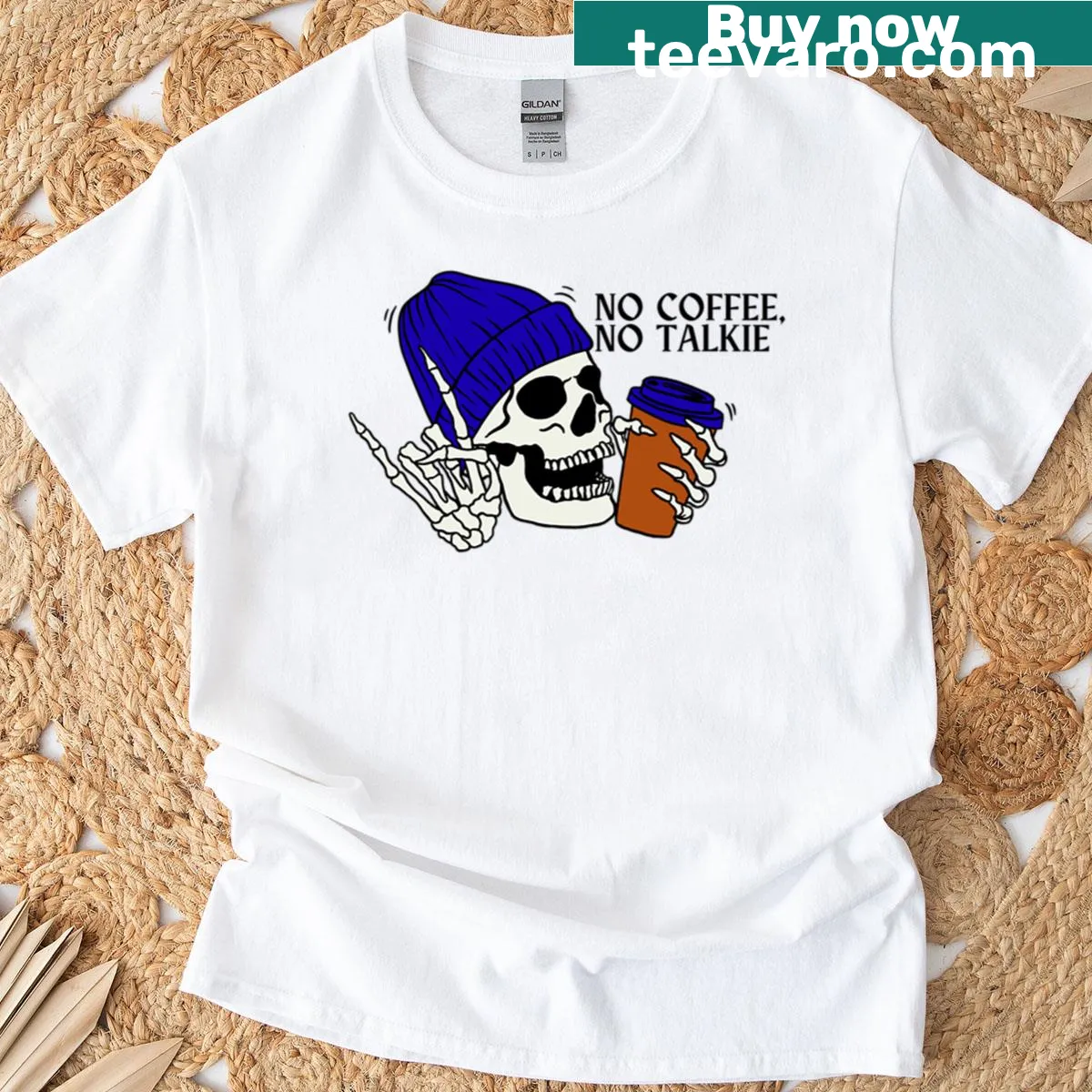 Dark humor T-shirt with 'No Coffee No Talkie' text and skull mug — on a men's t-shirt