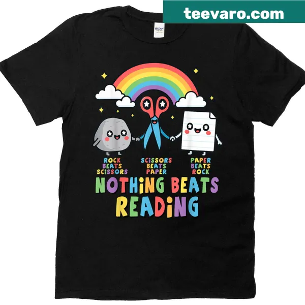 Funny book lover t-shirt featuring rock paper scissors phrase
