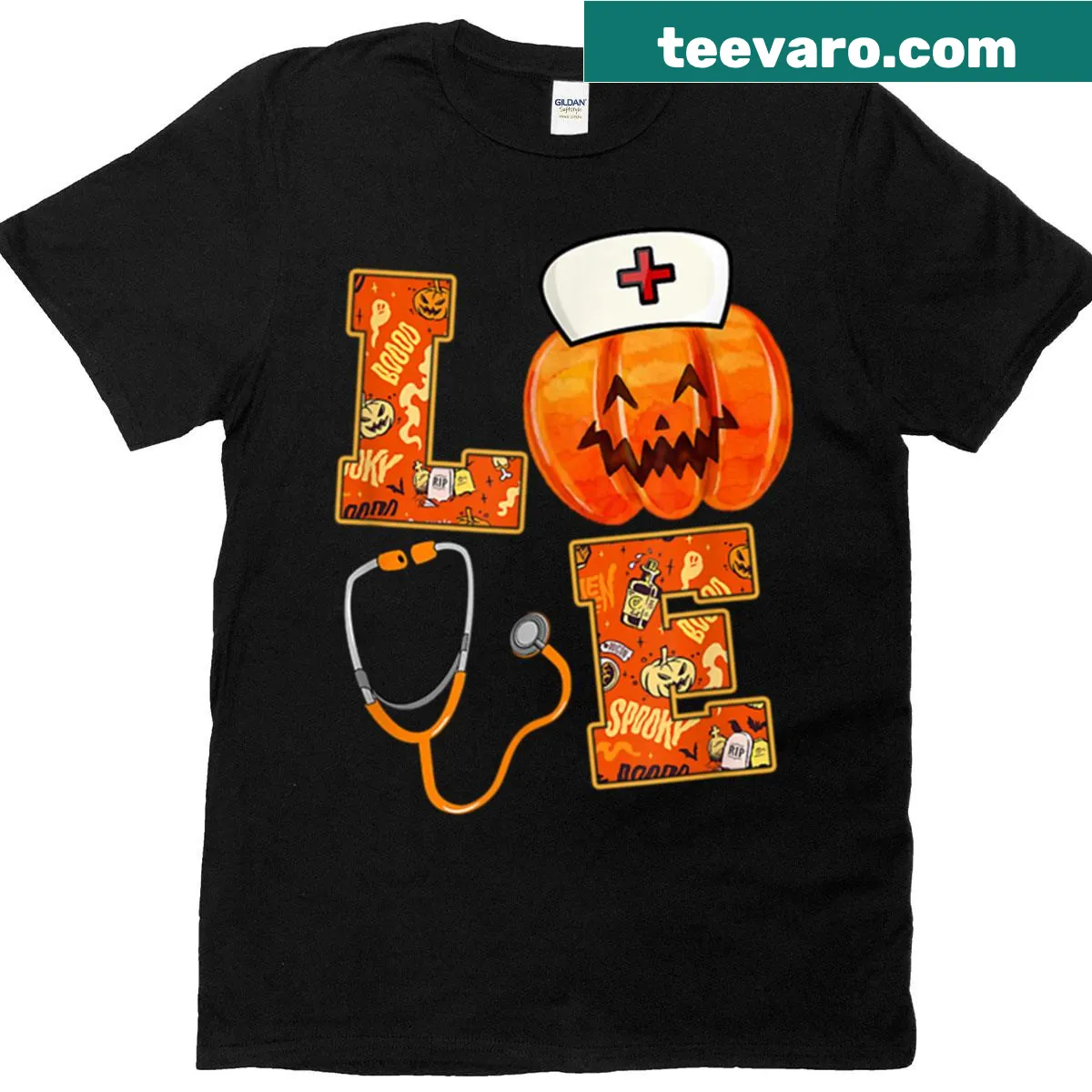 Cute RN Nurse Halloween T-shirt with hearts and playful graphic — on a men's t-shirt