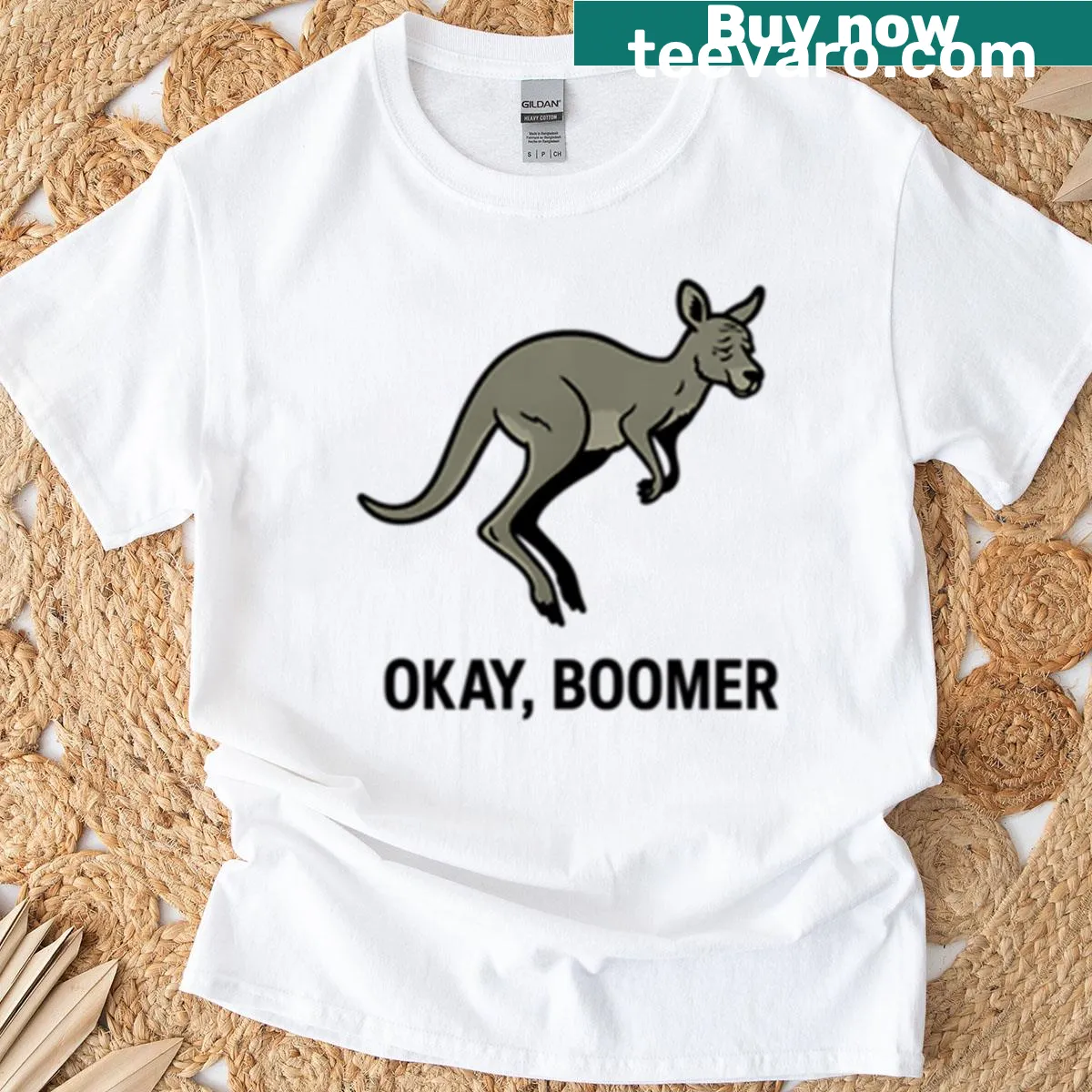Cheeky t-shirt with Eastern Grey Kangaroo and 'Okay Boomer' text — on a men's t-shirt