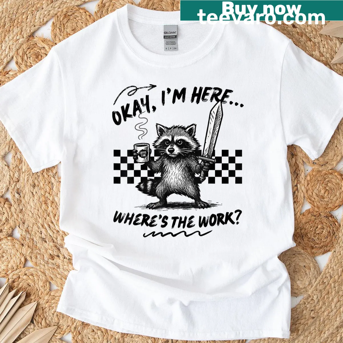 Funny shirt featuring a raccoon with a coffee cup and sword — on a men's t-shirt