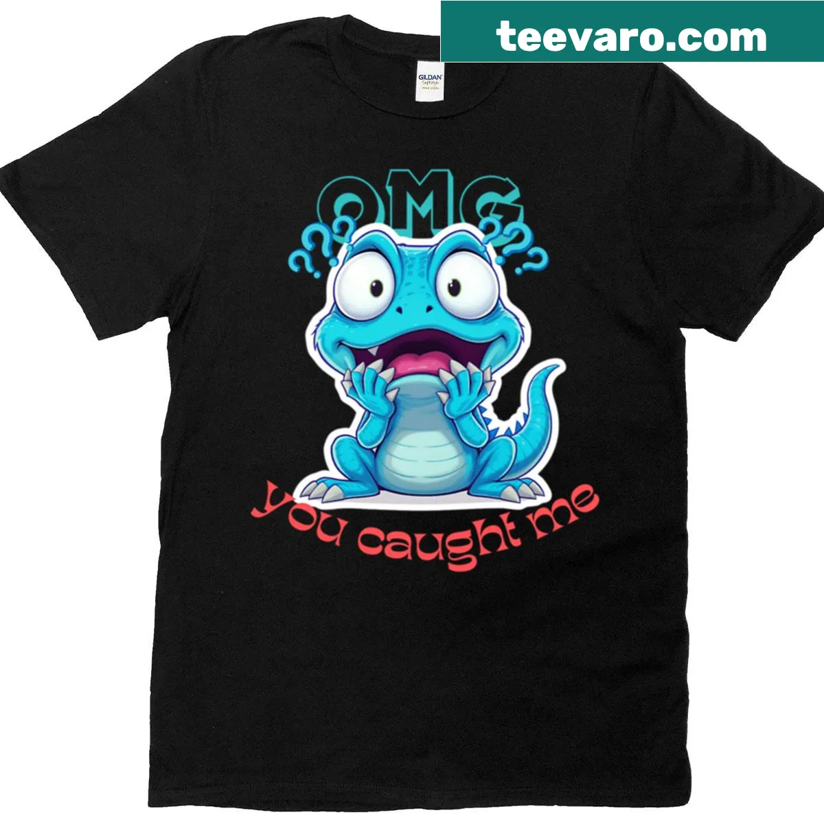 Cute blue lizard meme graphic T-shirt — on a men's t-shirt
