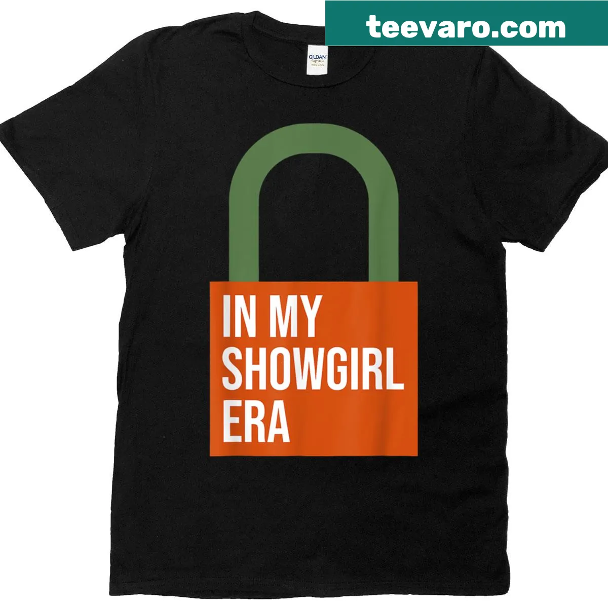 Illustrated T-shirt featuring a padlock and 'In My Showgirl Era' phrase — on a men's t-shirt