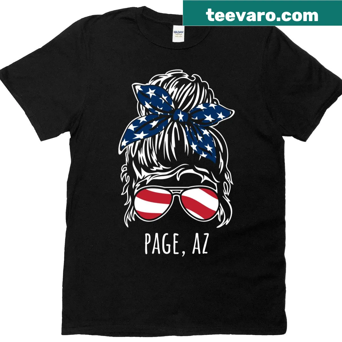 Playful t-shirt with a messy hair bun, ribbon, and sunglasses illustration — on a men's t-shirt