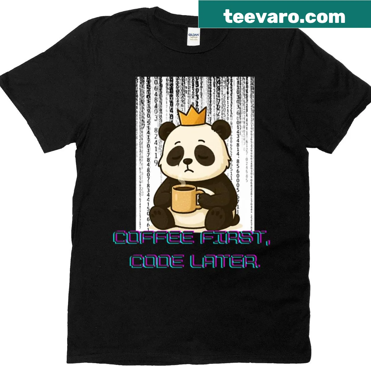 Panda graphic with 'Coffee First Code Later' text on a t-shirt — on a men's t-shirt