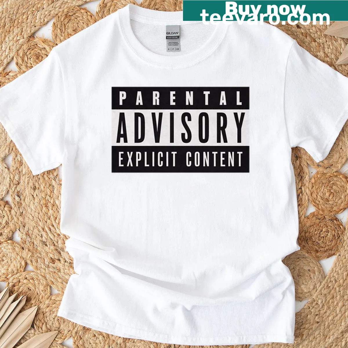 Funny oversized t-shirt with Parental Advisory text — on a men's t-shirt