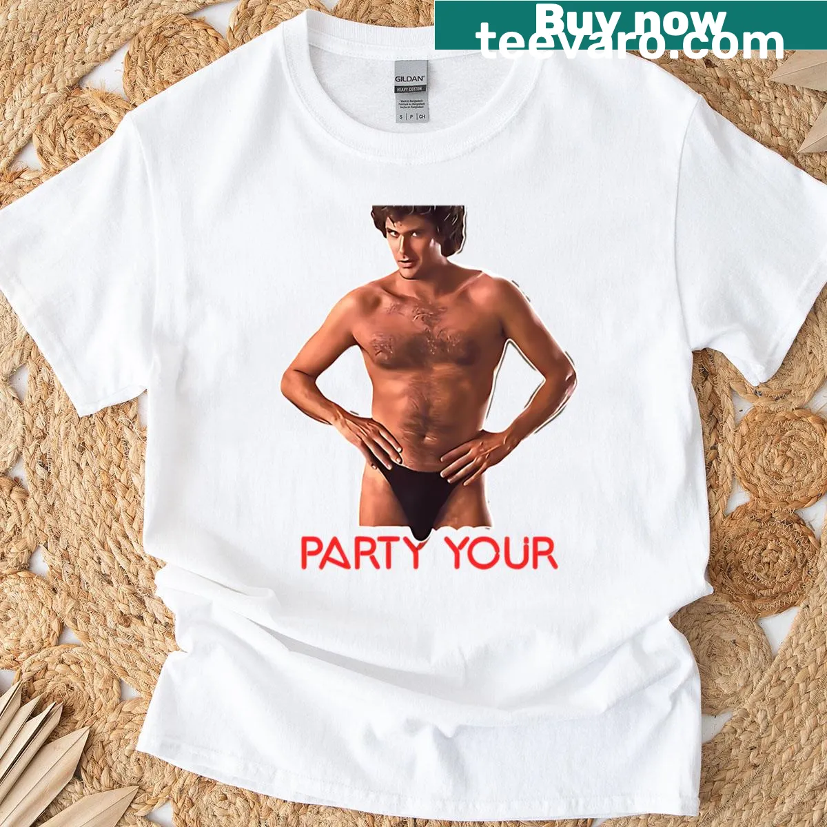 Playful illustration with the phrase 'Party Your Hasselhoff' — on a men's t-shirt