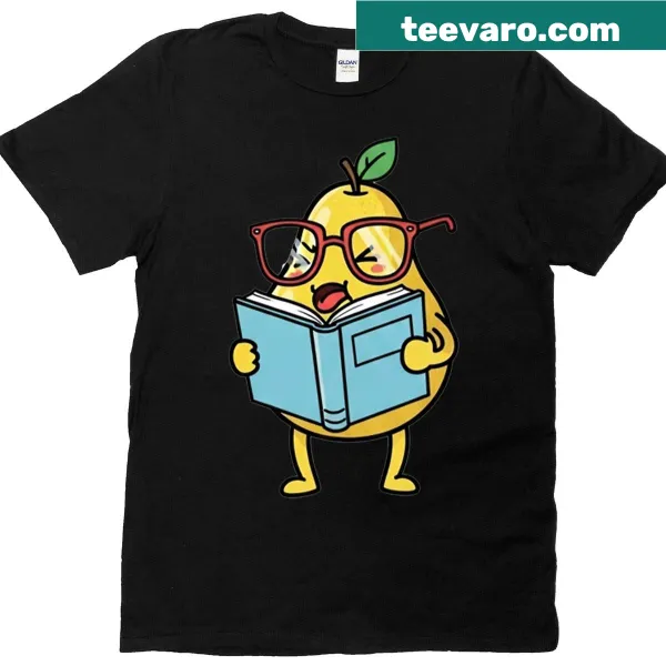 Cute illustrated pear wearing glasses and reading a book t-shirt