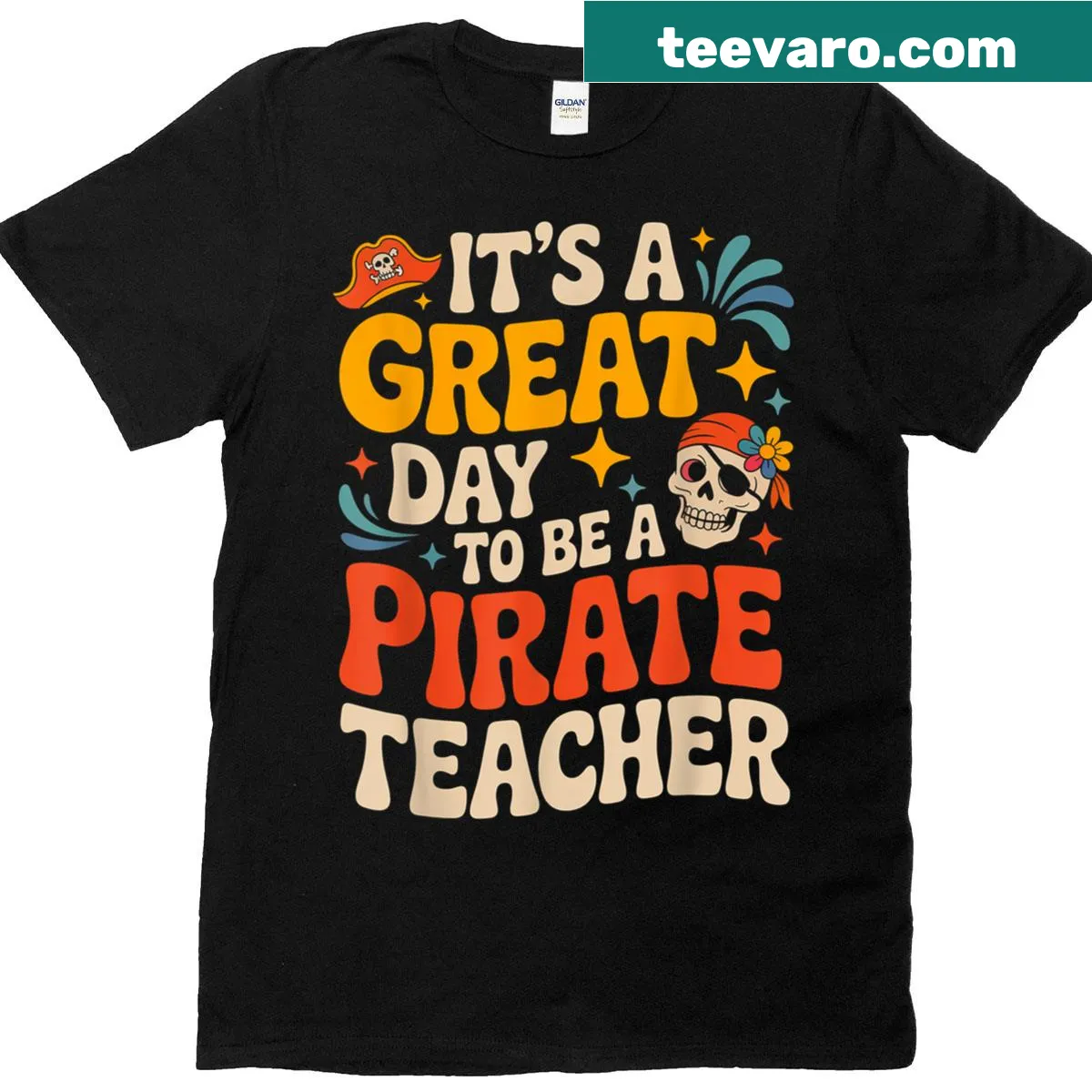 School spirit t-shirt with pirate mascot design for teachers — on a men's t-shirt