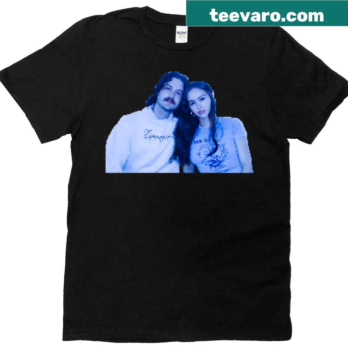 Pixelated monochrome graphic with the names Enya and Drew — on a men's t-shirt