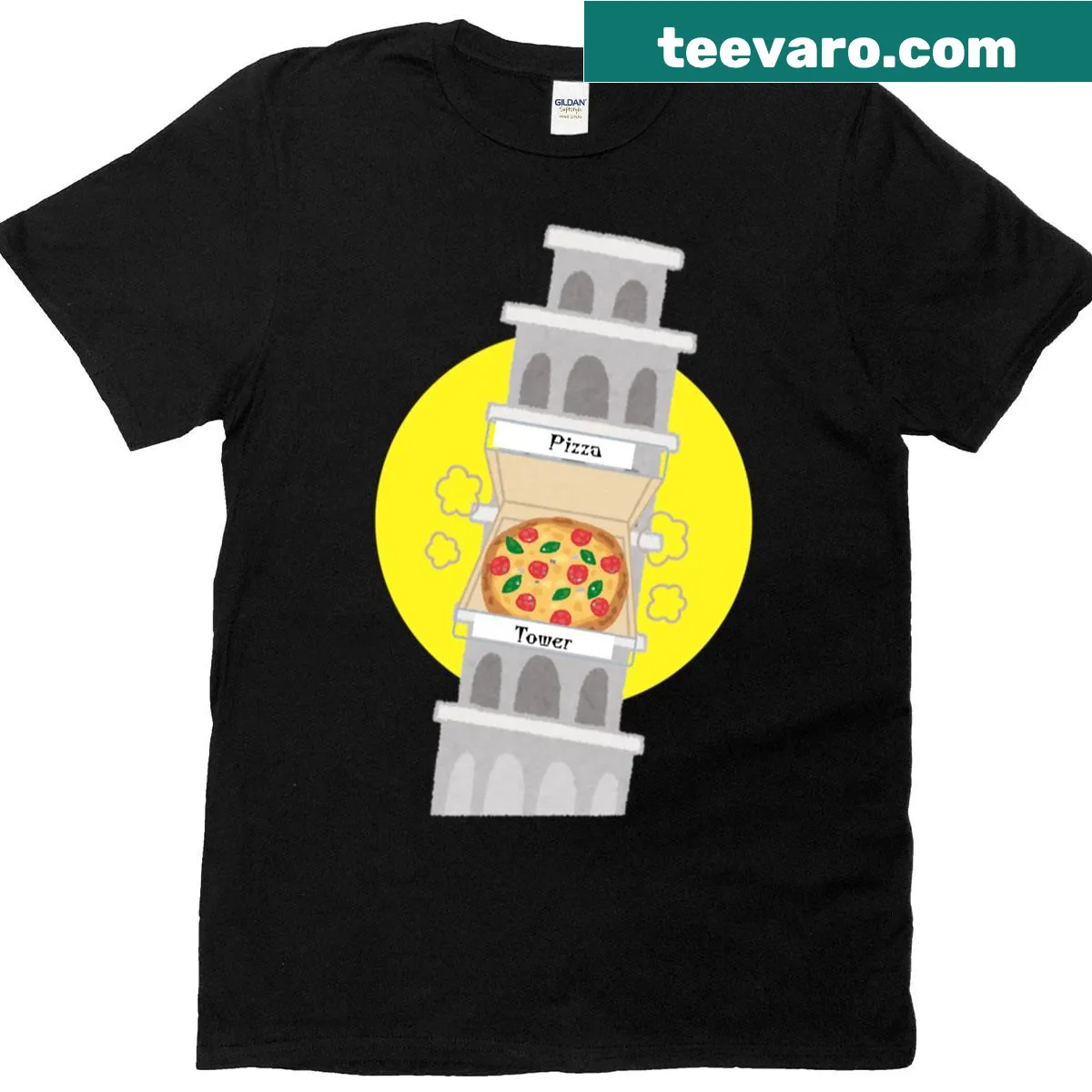 Oversized Pizza Tower T-shirt featuring playful food graphic — on a men's t-shirt