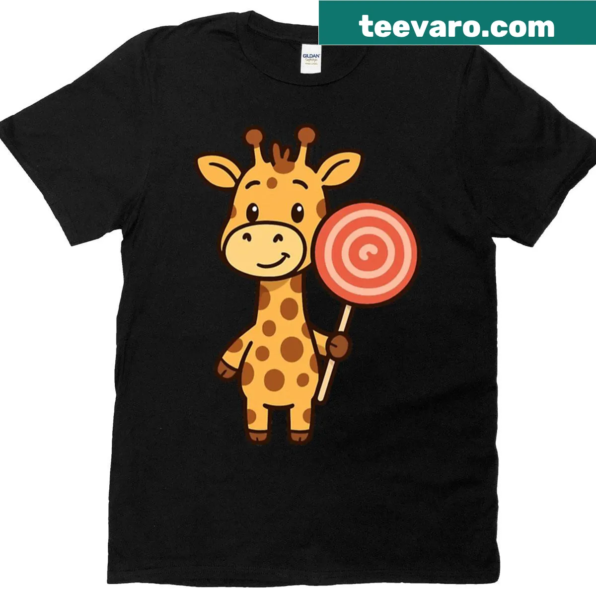 Cute cartoon giraffe holding a lollipop graphic on a t-shirt — on a men's t-shirt
