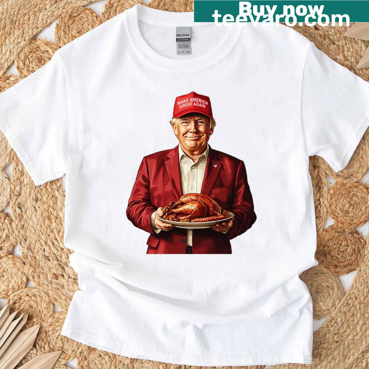 T-shirt with a caricature of Donald Trump serving turkey, humorous design. — on a men's t-shirt
