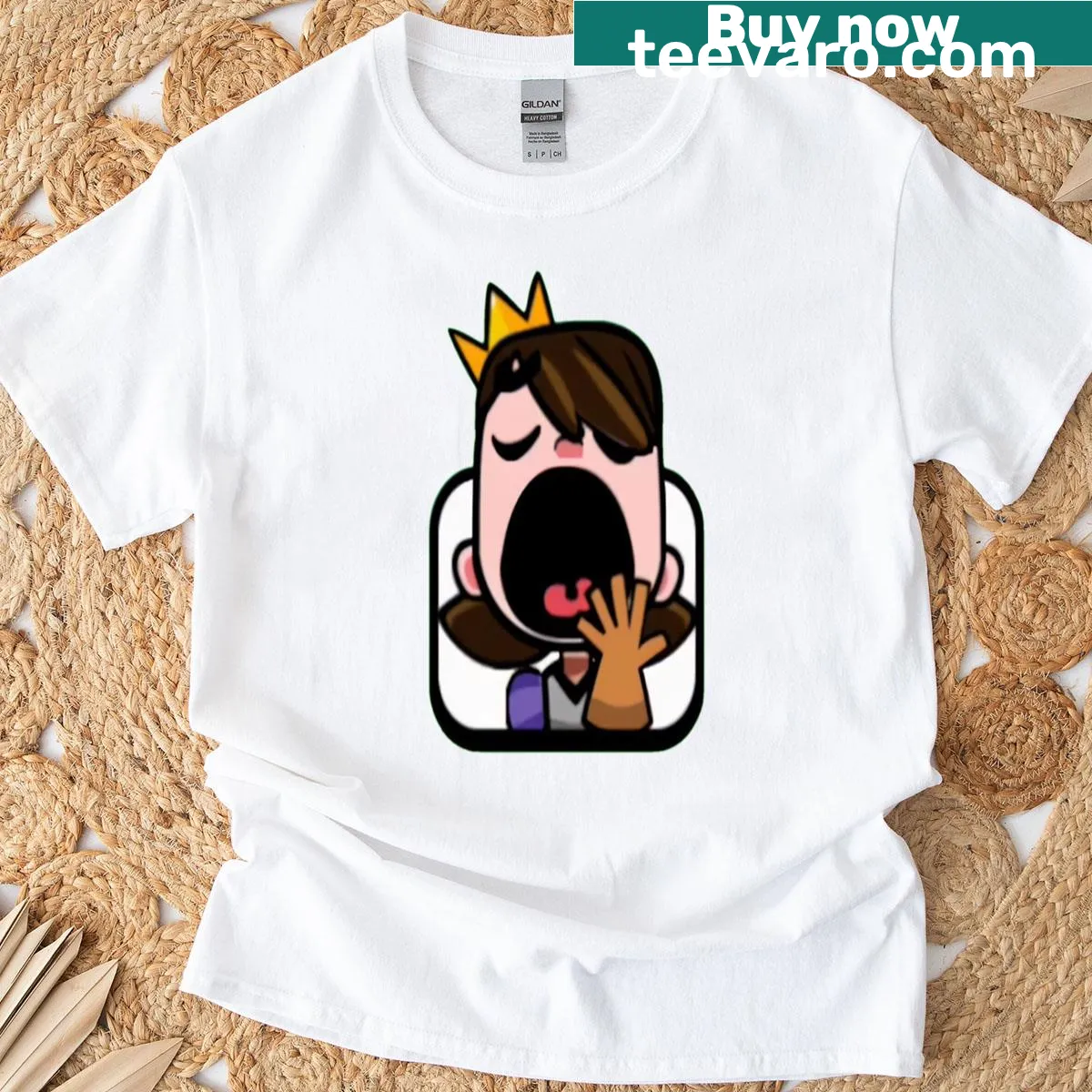 Oversized t-shirt featuring the Princess Yawn emote from Clash Royale. — on a men's t-shirt