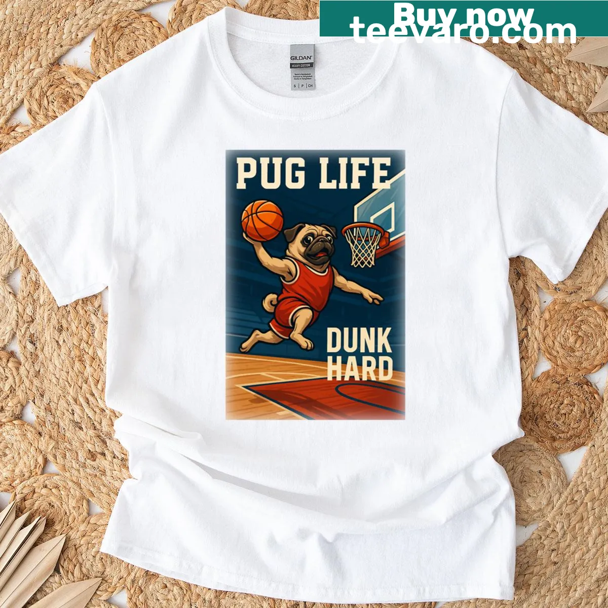 Oversized t-shirt with a pug dunking a basketball graphic — on a men's t-shirt