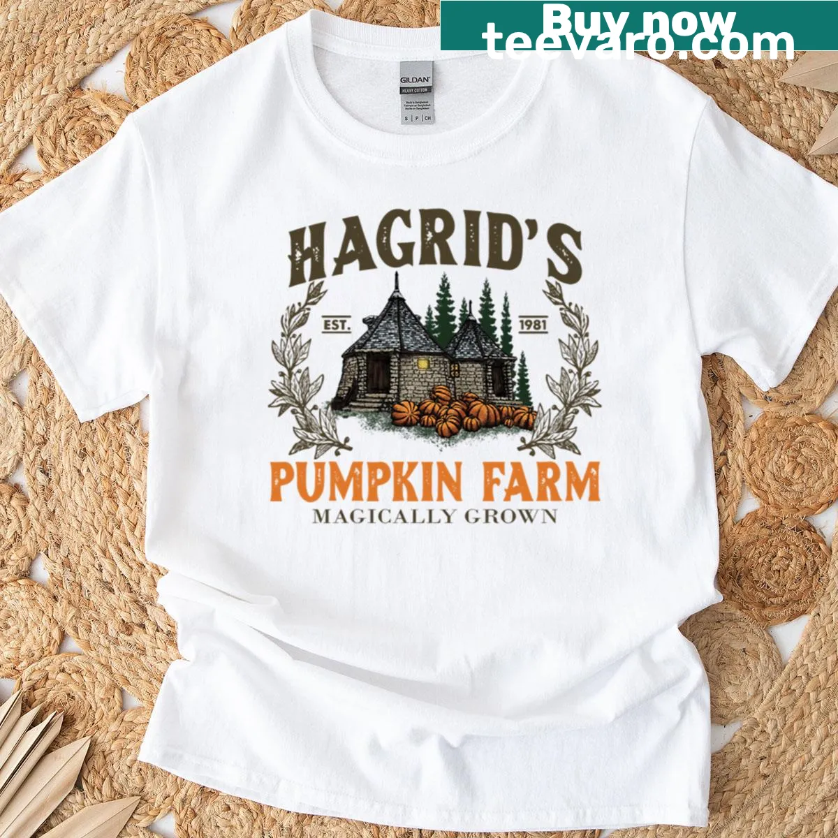Pumpkin Farm themed t-shirt featuring whimsical pumpkins — on a men's t-shirt