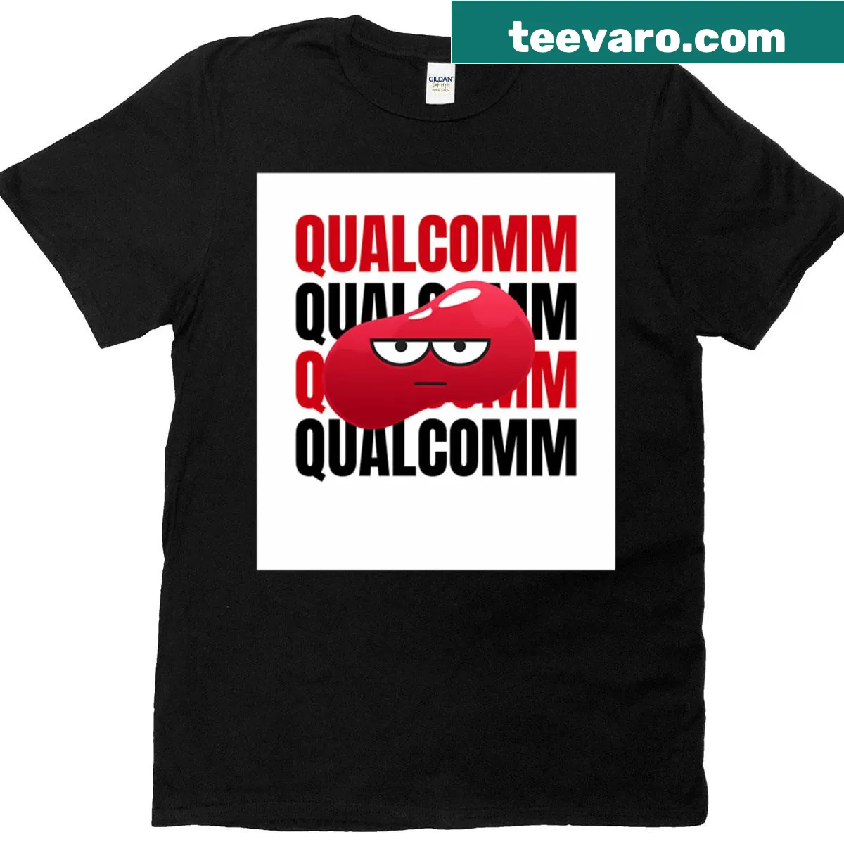 T-shirt featuring the Qualcomm logo prominently displayed — on a men's t-shirt