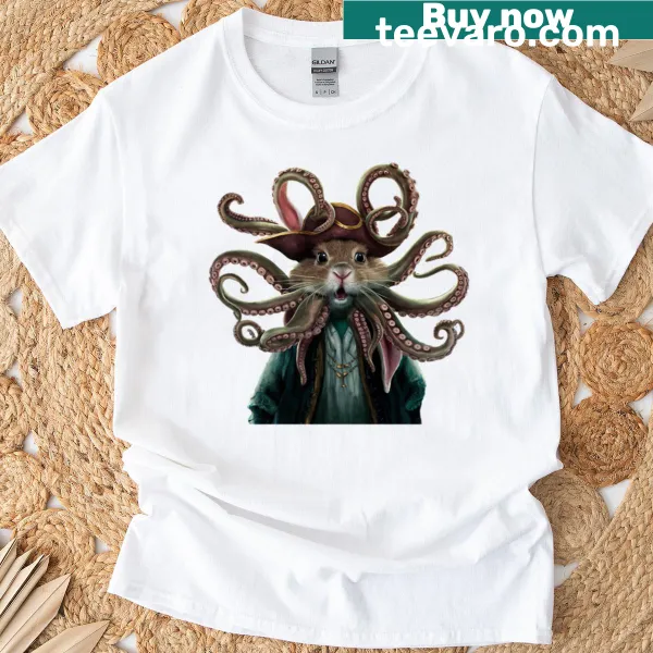 T-shirt with whimsical rabbit pirate and octopus design