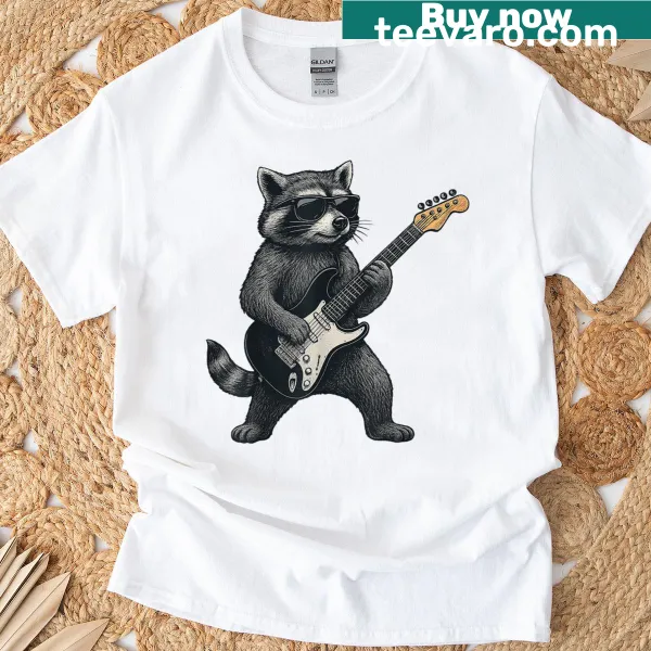 Cartoon raccoon playing guitar on a rock and roll T-shirt
