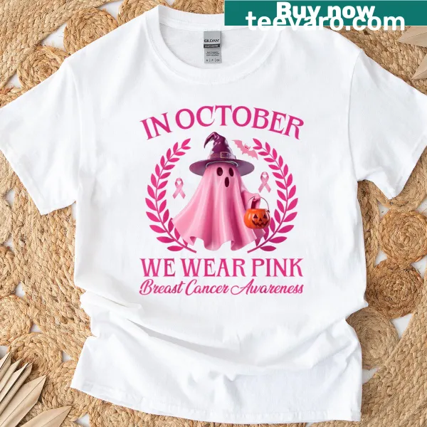 Pink ghost Halloween t-shirt raising breast cancer awareness