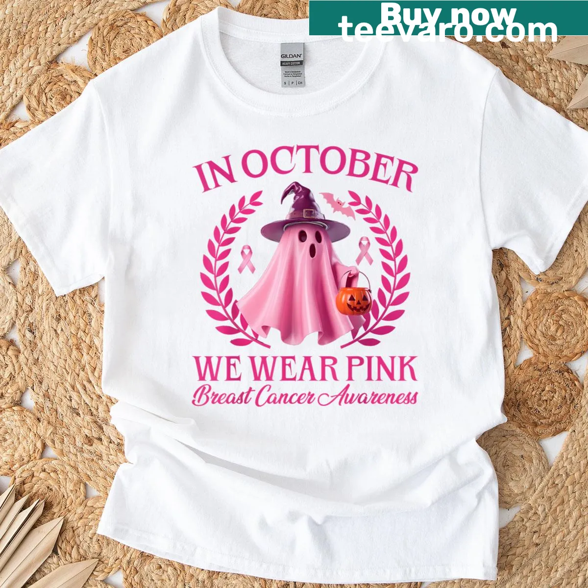 Pink ghost Halloween t-shirt raising breast cancer awareness — on a men's t-shirt