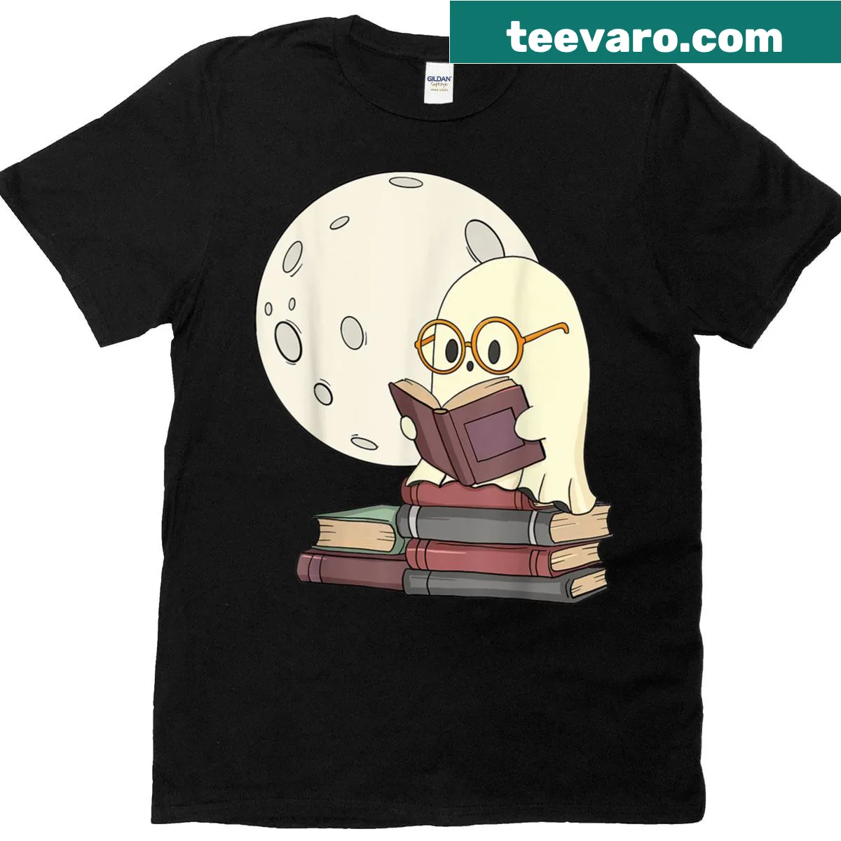 Ghost reading a book Halloween t-shirt for teachers and kids — on a men's t-shirt