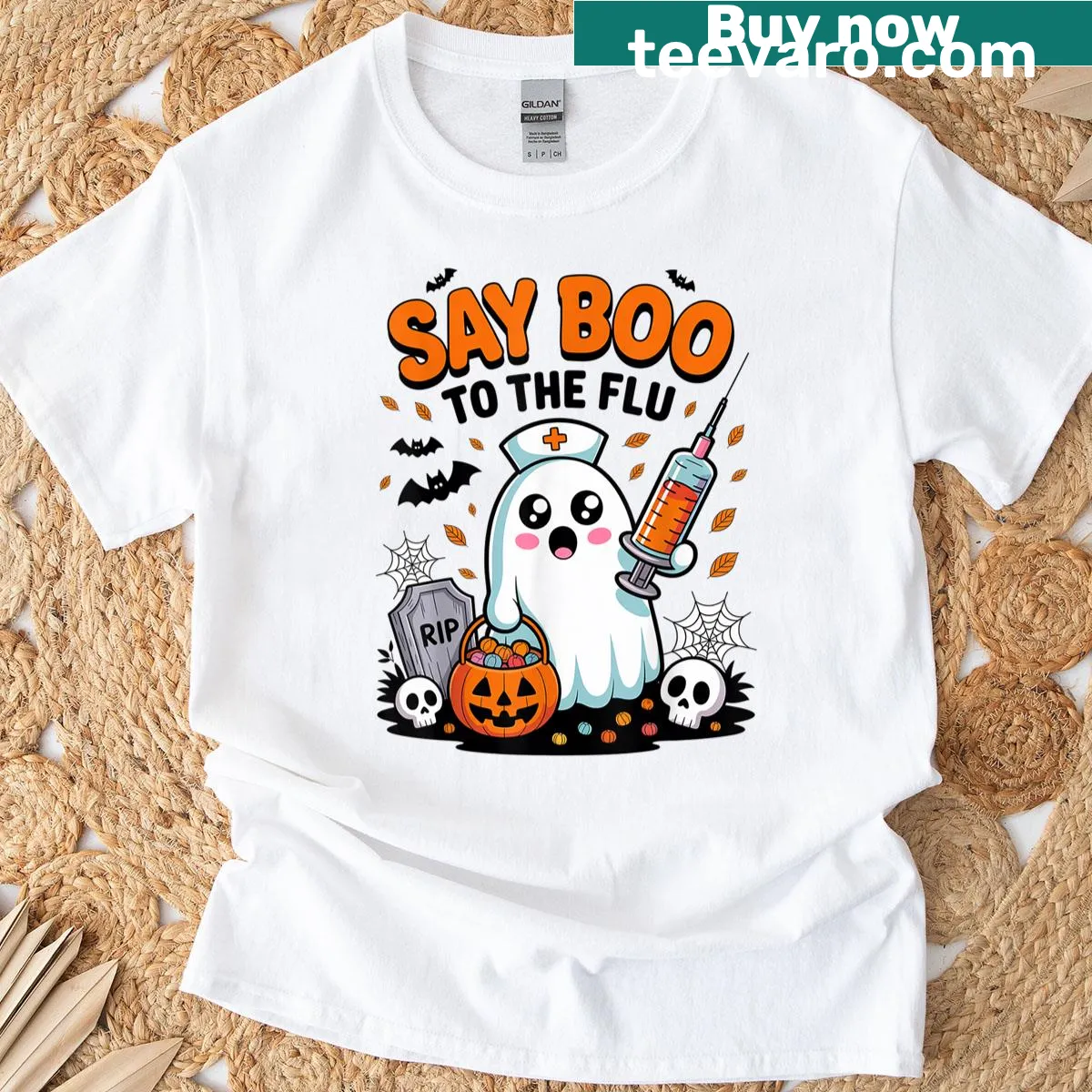 Humorous ghostly nurse t-shirt with retro design for Halloween — on a men's t-shirt