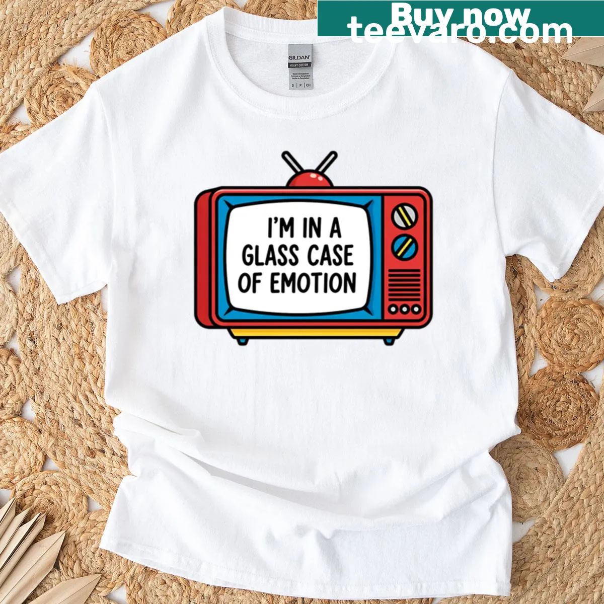 T-shirt with retro TV quote about emotions in bold typography — on a men's t-shirt