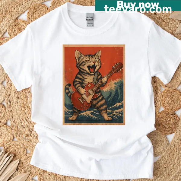 Cartoon cat playing guitar on a fun music-themed t-shirt
