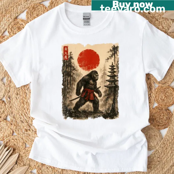 Ukiyo-e style Bigfoot T-shirt featuring a samurai Sasquatch design