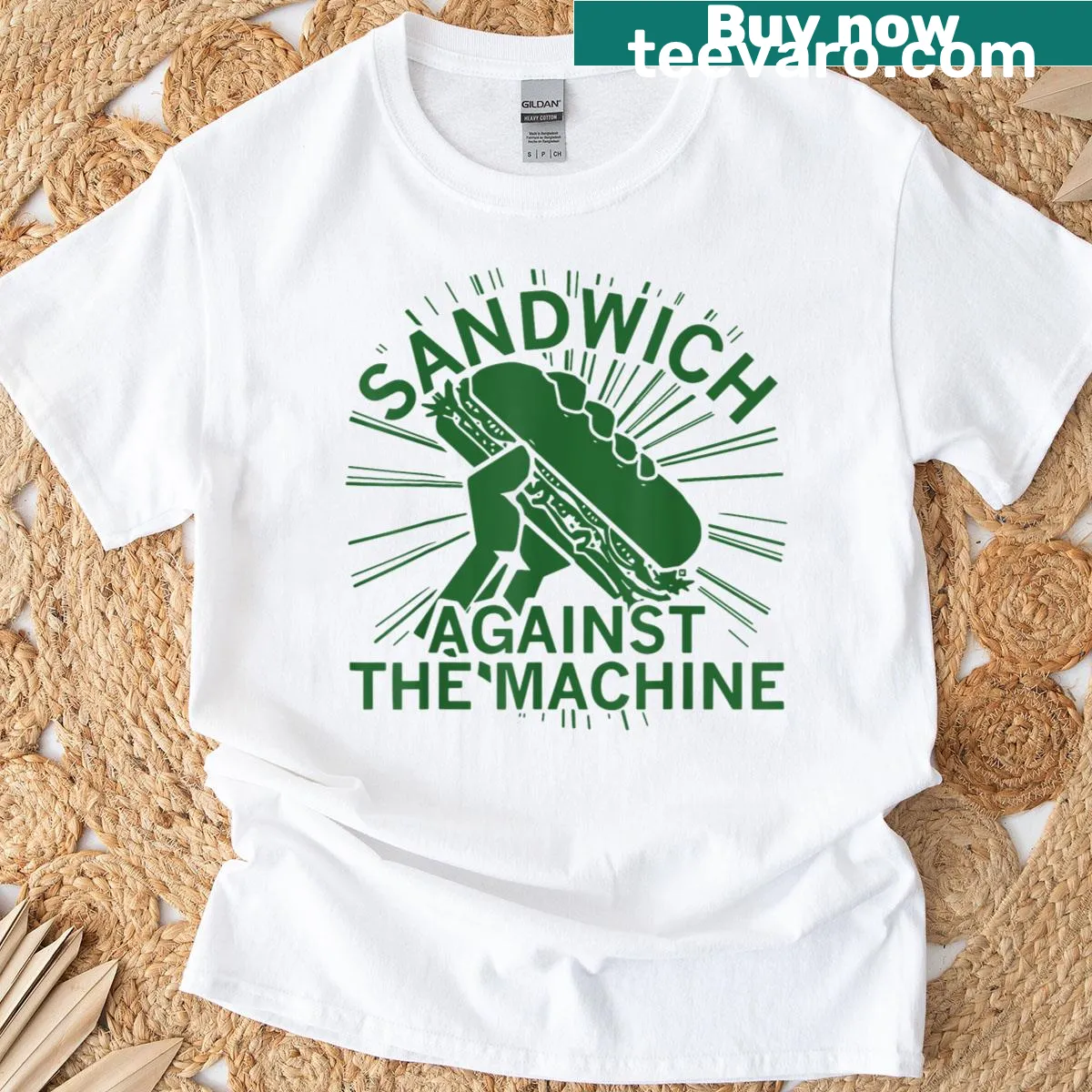 Funny T-shirt with Sandwich Against The Machine typography design — on a men's t-shirt