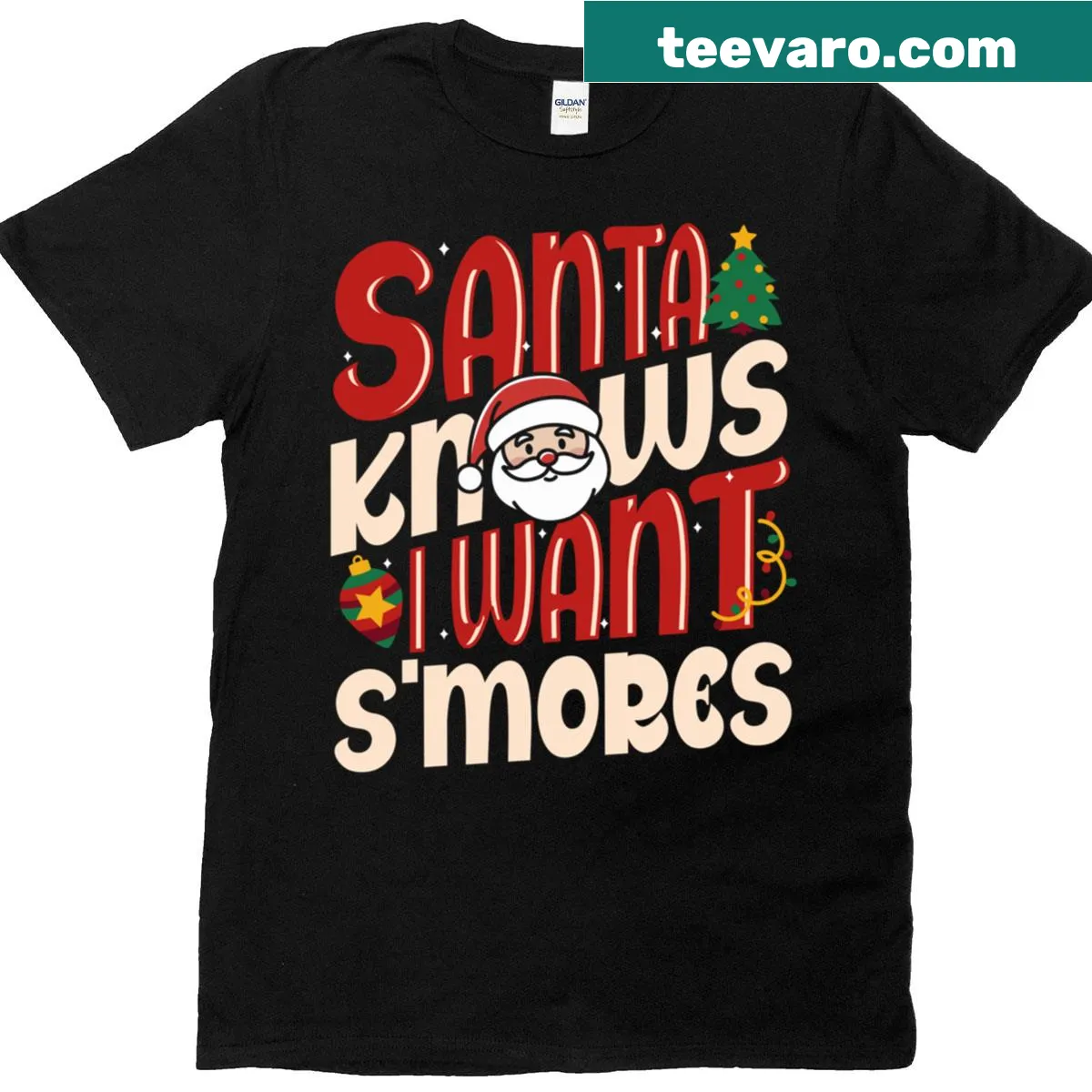 Funny holiday shirt featuring Santa and s'mores text — on a men's t-shirt