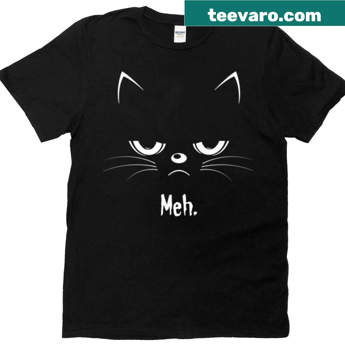 Oversized t-shirt with a sarcastic 'Meh' and angry cat graphic — on a men's t-shirt
