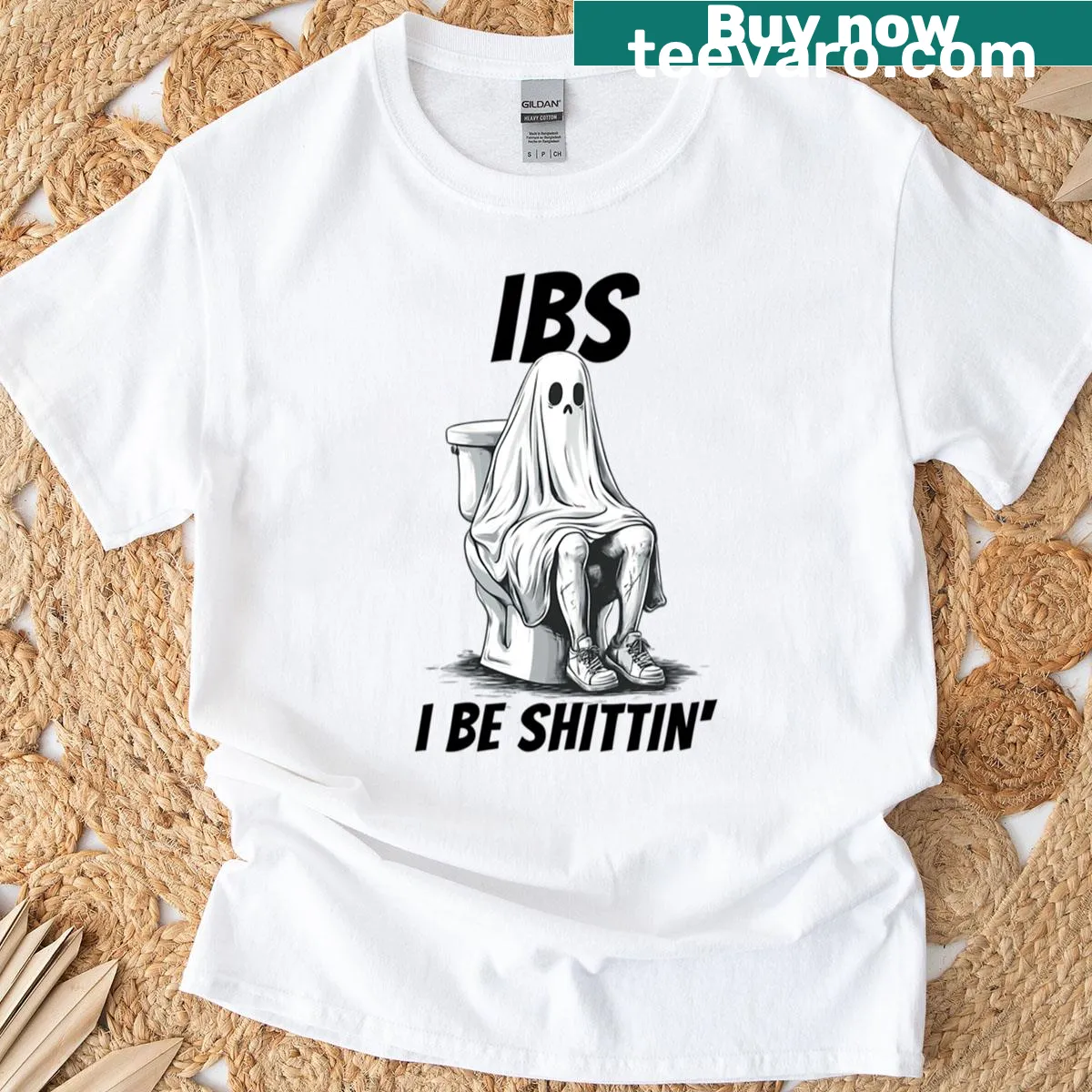 Funny Halloween t-shirt with 'Scared Shitless' text for adults — on a men's t-shirt