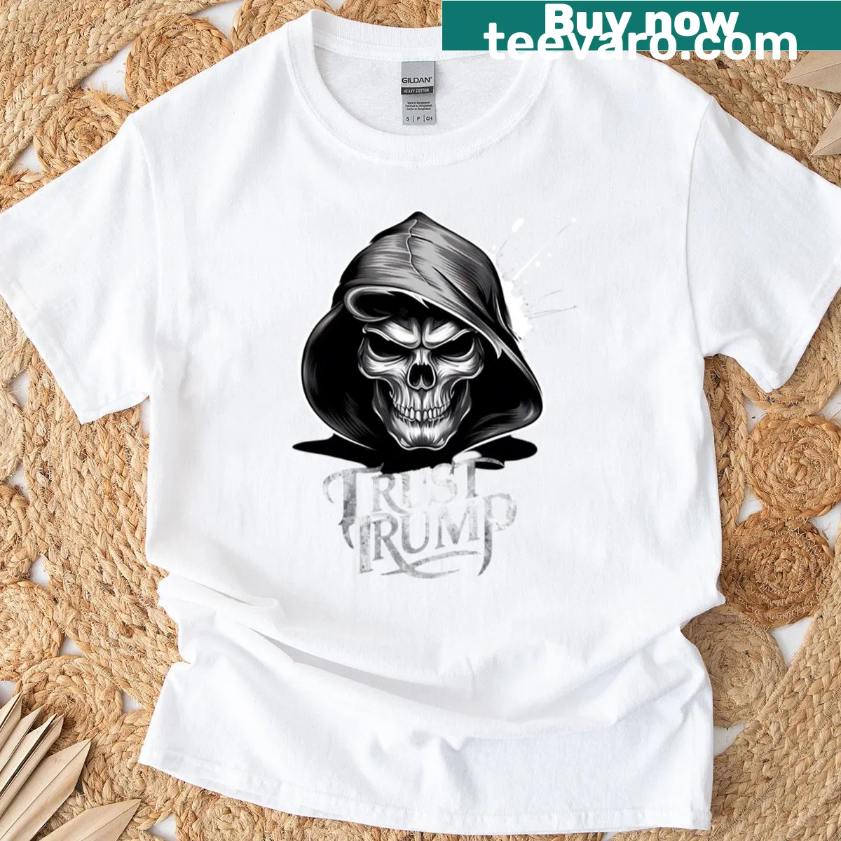 Bold typography T-shirt with the phrase Scary Trust Trump — on a men's t-shirt