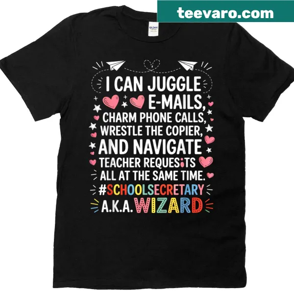 Whimsical School Secretary T-shirt with playful wizard theme