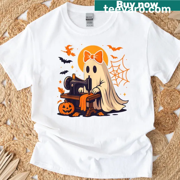 Cute Sewing Ghost Halloween T-shirt for women featuring cartoon design