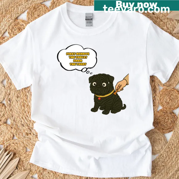 Funny cartoon Shar Pei dog T-shirt with a confused expression about a treat