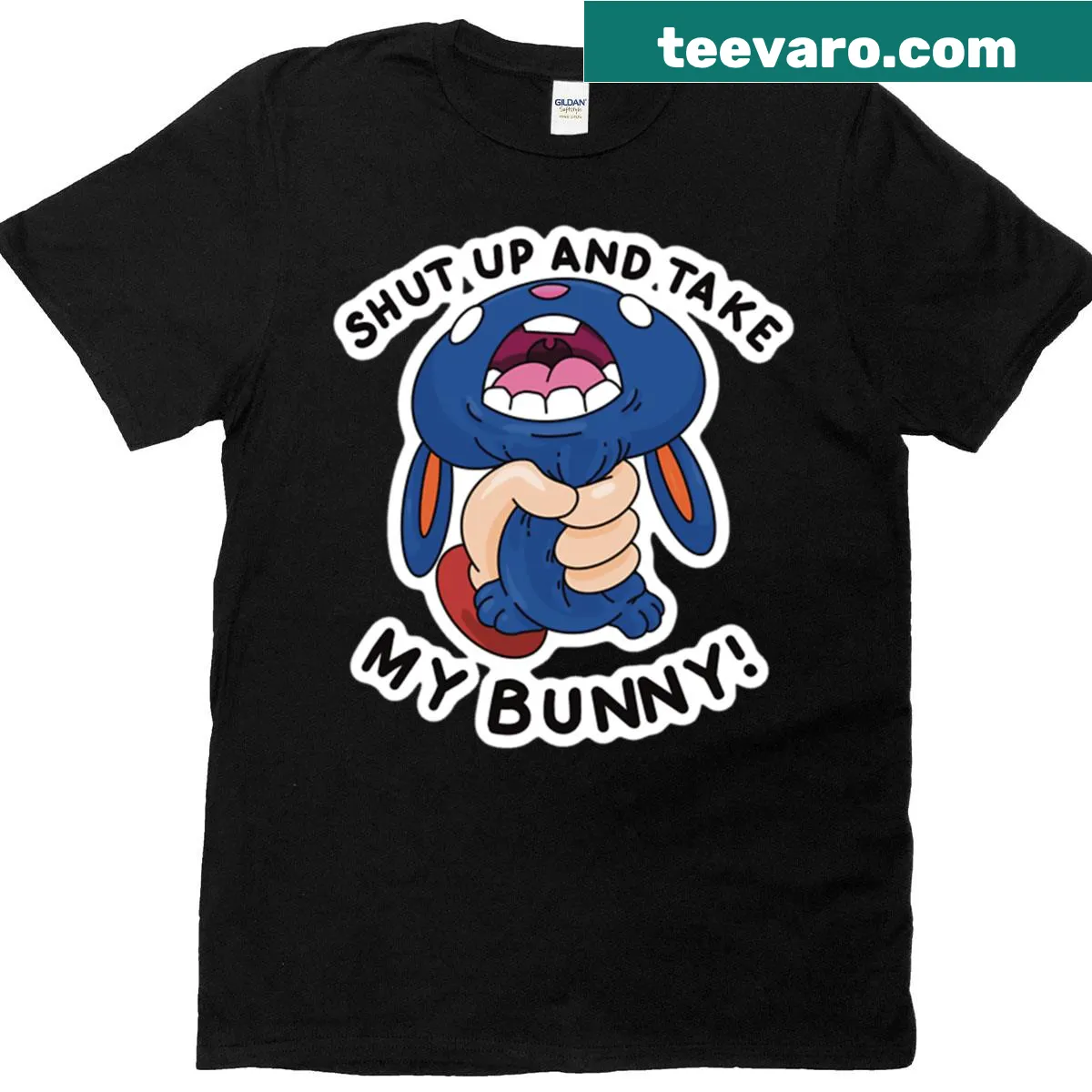 Playful text design featuring a bunny on an oversized shirt — on a men's t-shirt