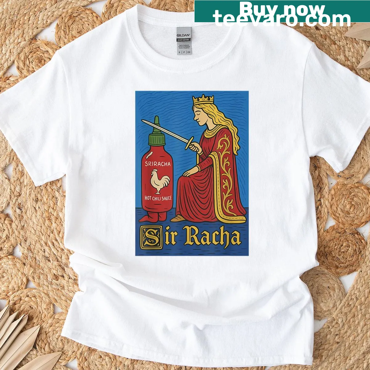Cartoon-style t-shirt featuring Sir Racha pun for spicy food lovers — on a men's t-shirt