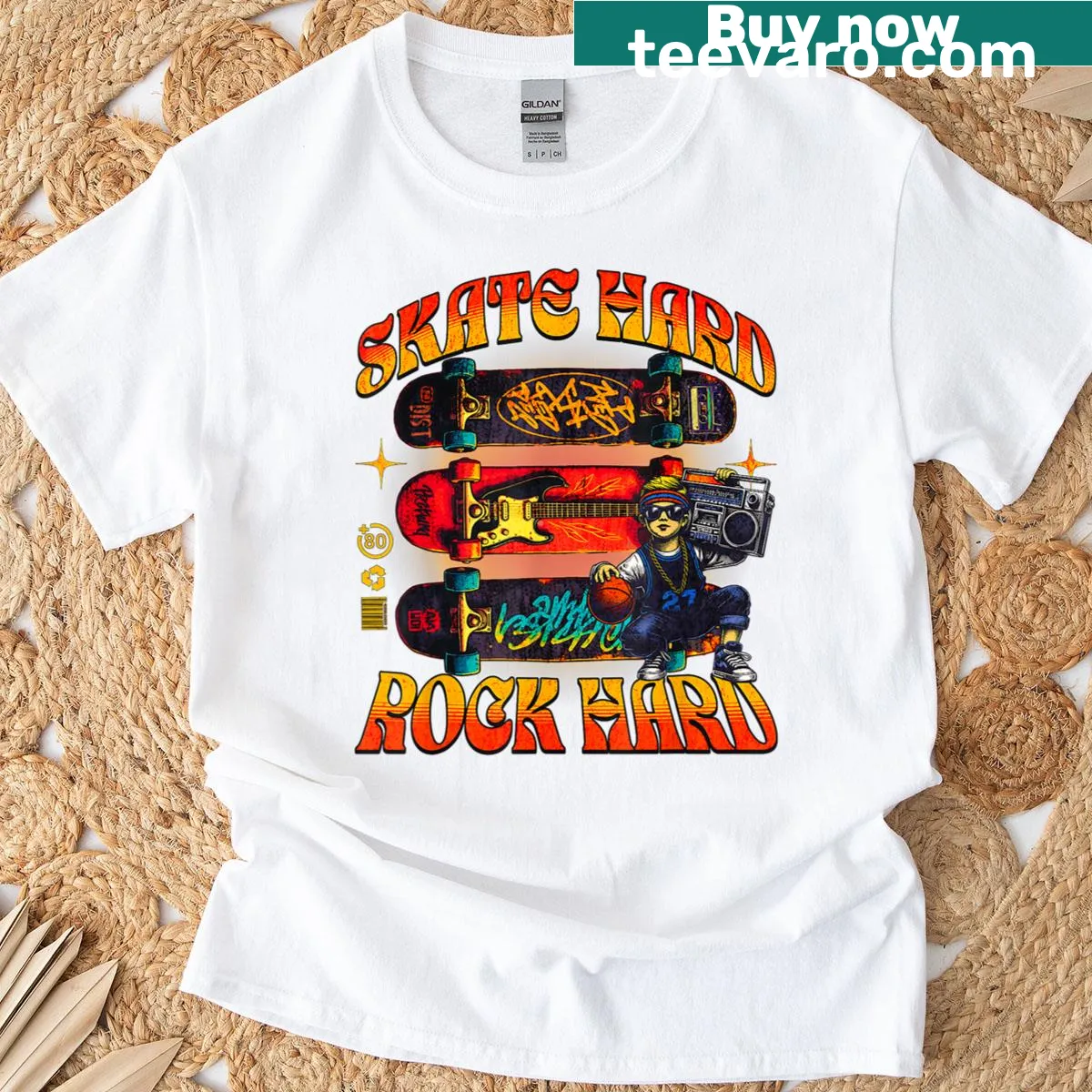 Vintage 80s Skate Hard Rock graphic T-shirt for skateboard enthusiasts — on a men's t-shirt