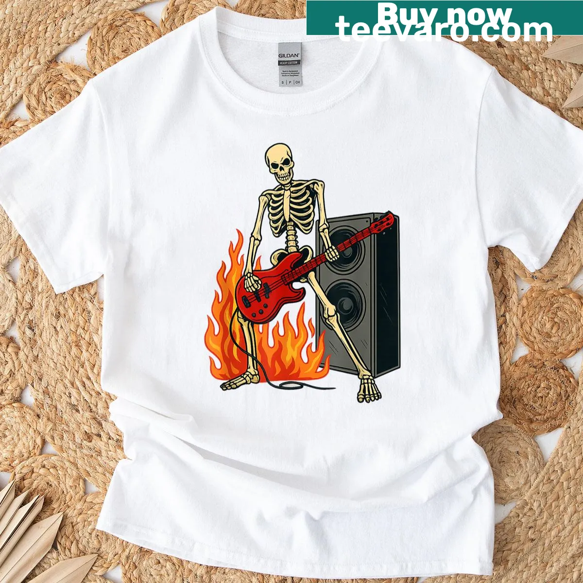 Cartoon skeleton playing bass guitar design for musicians — on a men's t-shirt